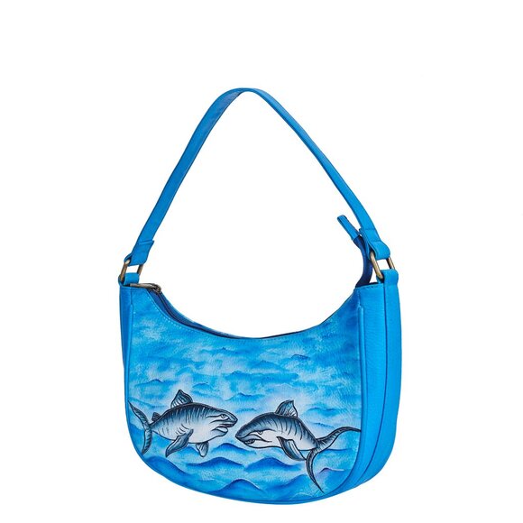 Hand-Painted Ladies Hobo Shoulder Bag –Ocean Blue Leather Tote Sling Bag Handbag - Picture 8 of 9